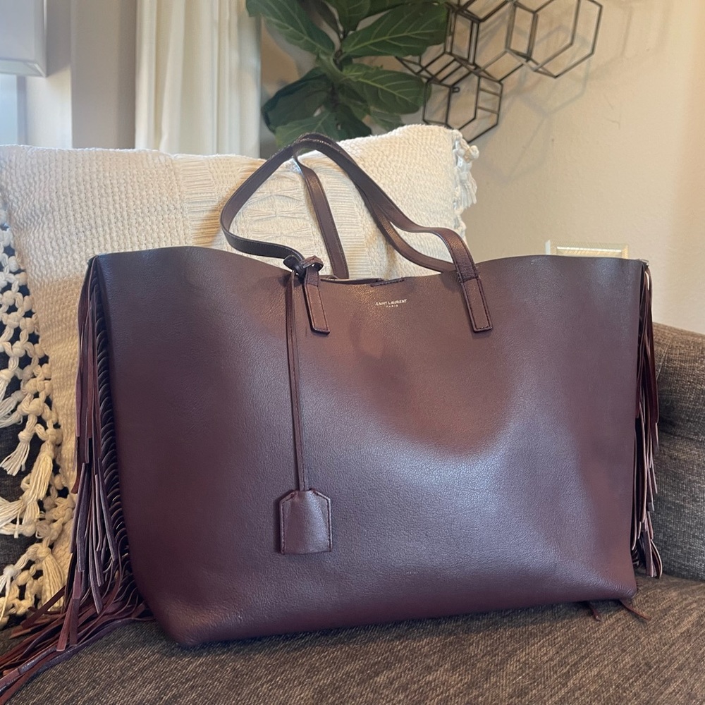 YSL Saint Laurent Large Calfskin Fringe Shopping Tote Bag Maroon - Picture 3 of 15